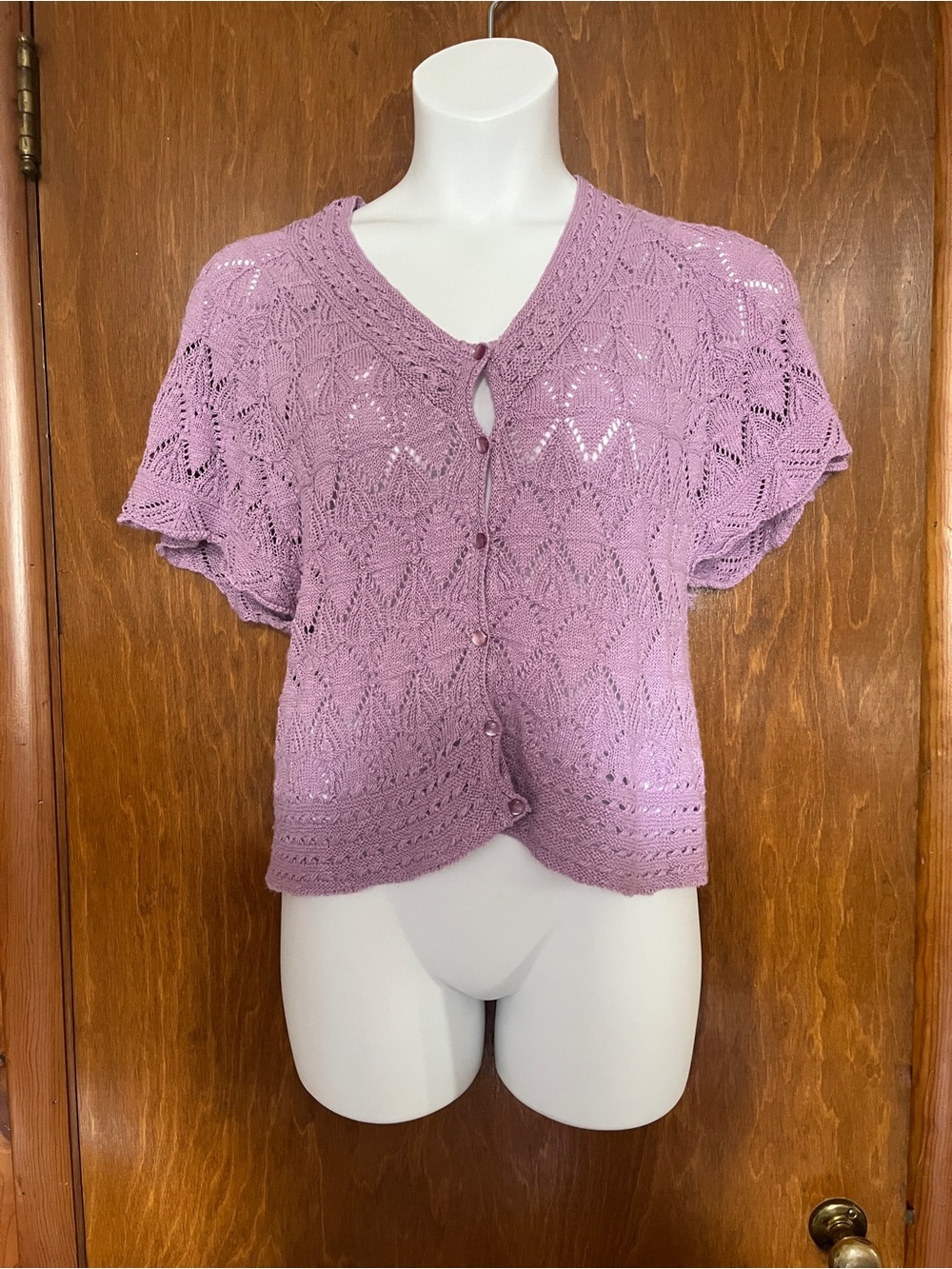 croft & barrow Lavender Openwork Knit Short Sleeve Cardigan, size L